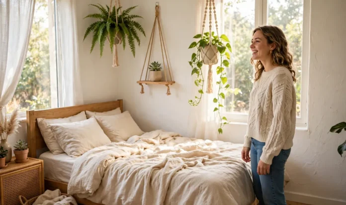 A small cozy bedroom filled with hanging plants: a trailing A small cozy bedroom filled with hanging plants: a trailing pothos in a macrame hanger by a bright window, a hanging fern in the corner,...