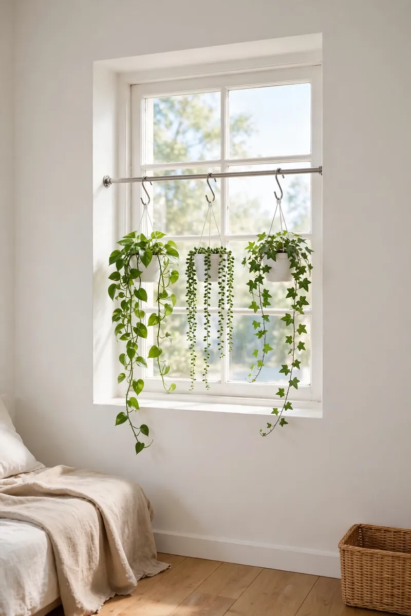 15 Hanging Plant Ideas That Save Space in a Small Bedroom 2 A tension rod wedged across a bedroom window recess with three small hanging plants in white pots on S-hooks, trailing green vines....