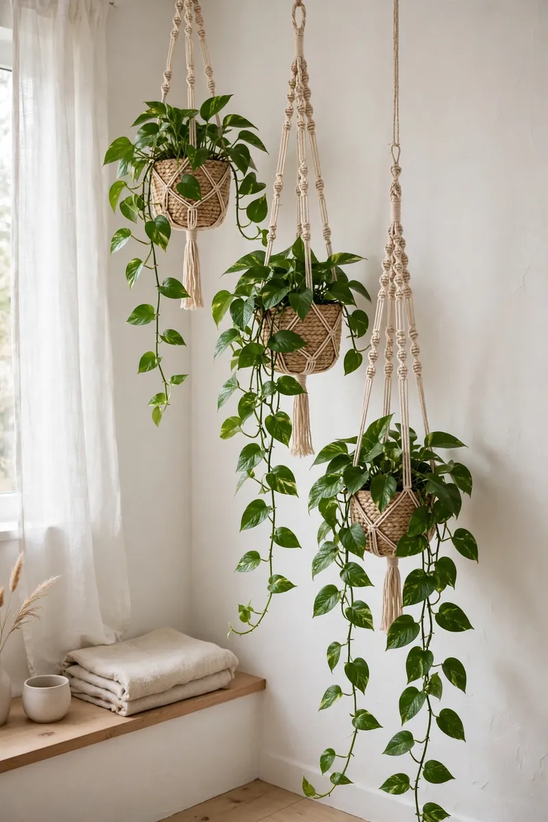 15 Hanging Plant Ideas That Save Space in a Small Bedroom 4 Three pothos plants in woven hangers suspended at staggered heights in a small bedroom corner, vines trailing at different lengths....