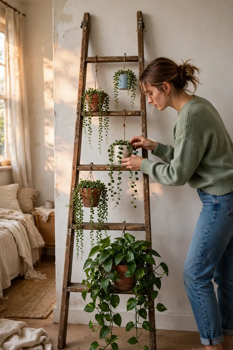 15 Hanging Plant Ideas That Save Space in a Small Bedroom 6 A vintage wooden ladder leaning against a small bedroom wall with small potted trailing plants hooked over four rungs, heaviest at the...