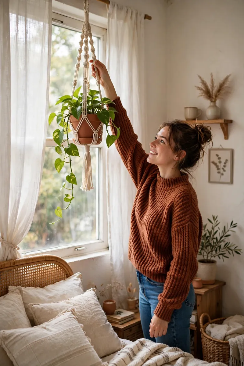 15 Hanging Plant Ideas That Save Space in a Small Bedroom 1 A young woman in a rust-colored sweater and jeans hanging a macrame planter with a trailing pothos beside a bright bedroom window. She...