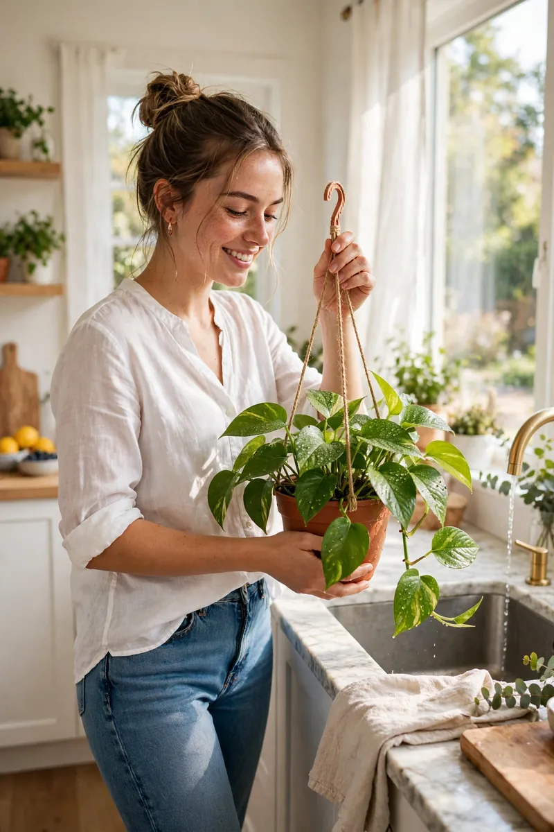 15 Hanging Plant Ideas That Save Space in a Small Bedroom 8 A young woman in a white blouse and jeans carrying a hanging pothos plant to a bright kitchen sink to water it, water droplets on the...