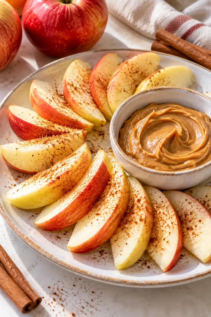 Apple slices fanned on a plate with a small bowl of peanut butter and a sprinkle of cinnamon