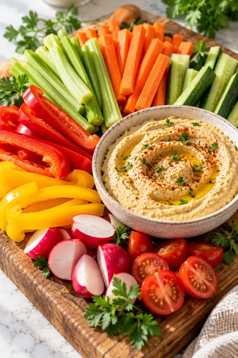Colorful veggie sticks with a bowl of hummus on a wooden board