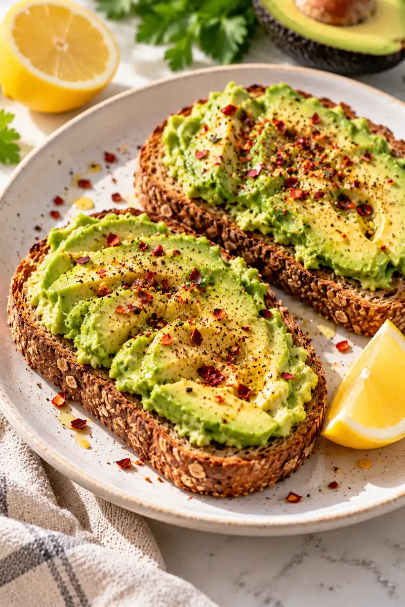 Avocado toast on whole-grain bread with chili flakes and a lemon wedge