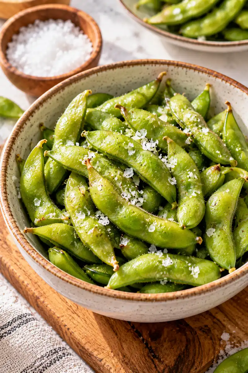 Warm edamame pods in a bowl sprinkled with flaky sea salt