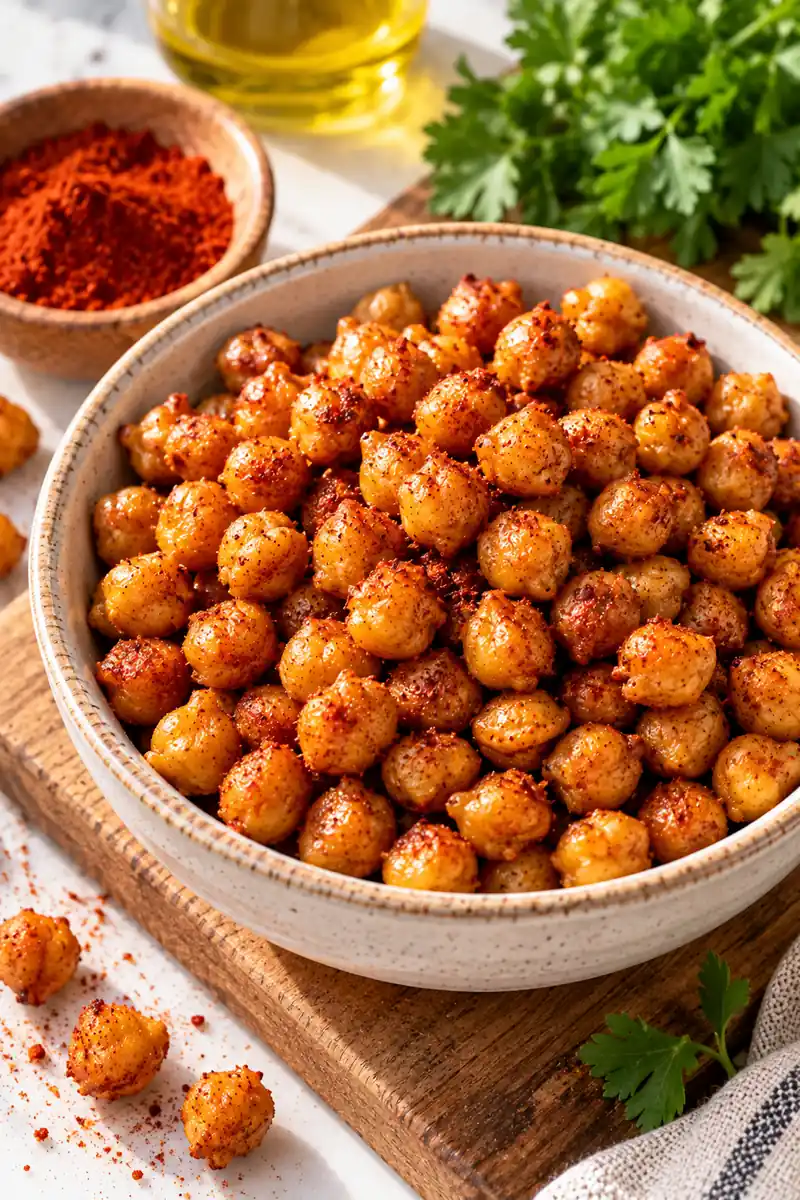 Golden roasted chickpeas in a small bowl with smoked paprika