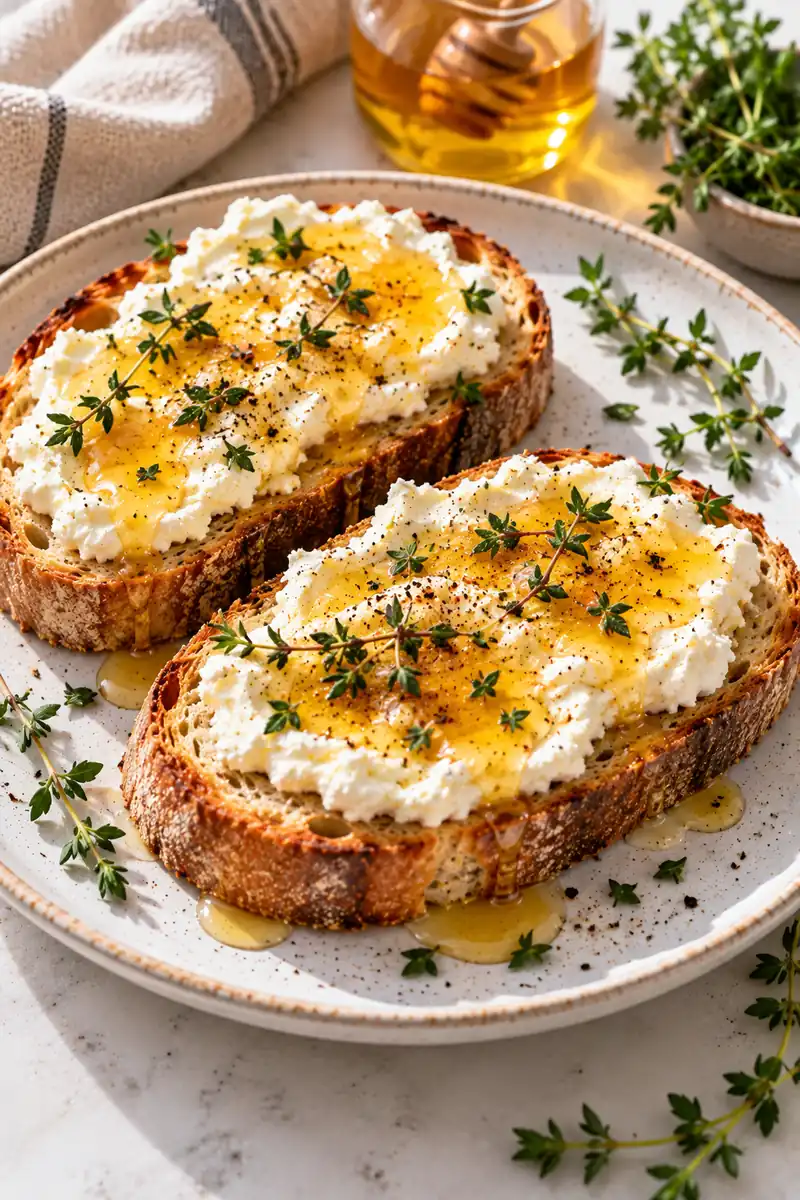 Ricotta toast drizzled with honey and fresh thyme on a plate