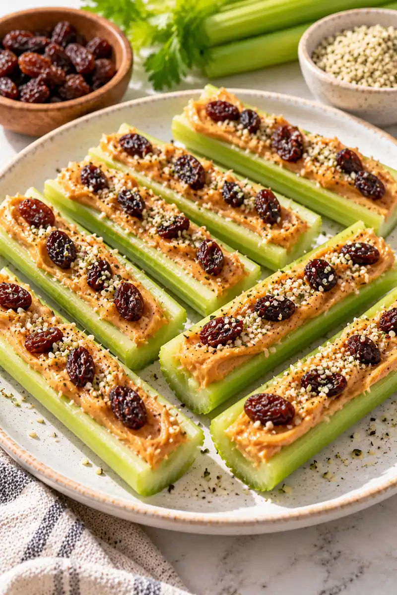 Celery sticks filled with peanut butter, raisins and hemp seeds