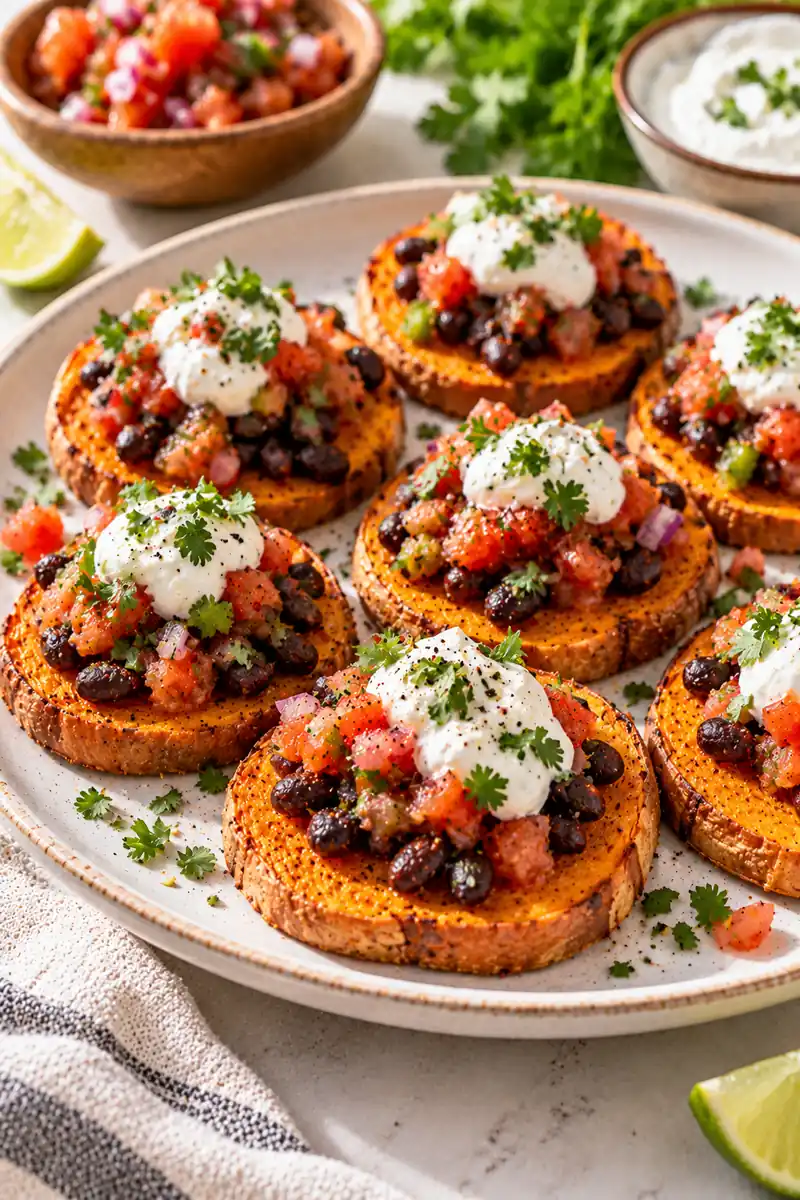 Roasted sweet potato rounds topped with black beans, salsa and yogurt