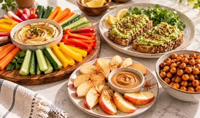 An inviting spread of healthy afternoon snacks (veggie sticks with hummus, avocado toast, apple slices, roasted chickpeas) on a kitchen table in bright natural light