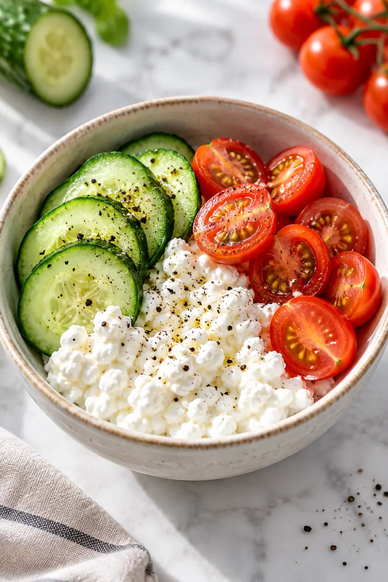 Small bowl of cottage cheese topped with cucumber slices, cherry tomatoes, and black pepper