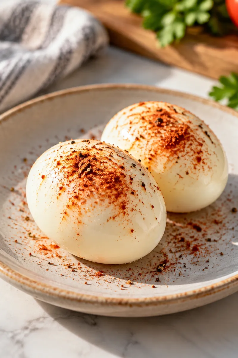 Two peeled hard-boiled eggs dusted with smoked paprika on a small plate