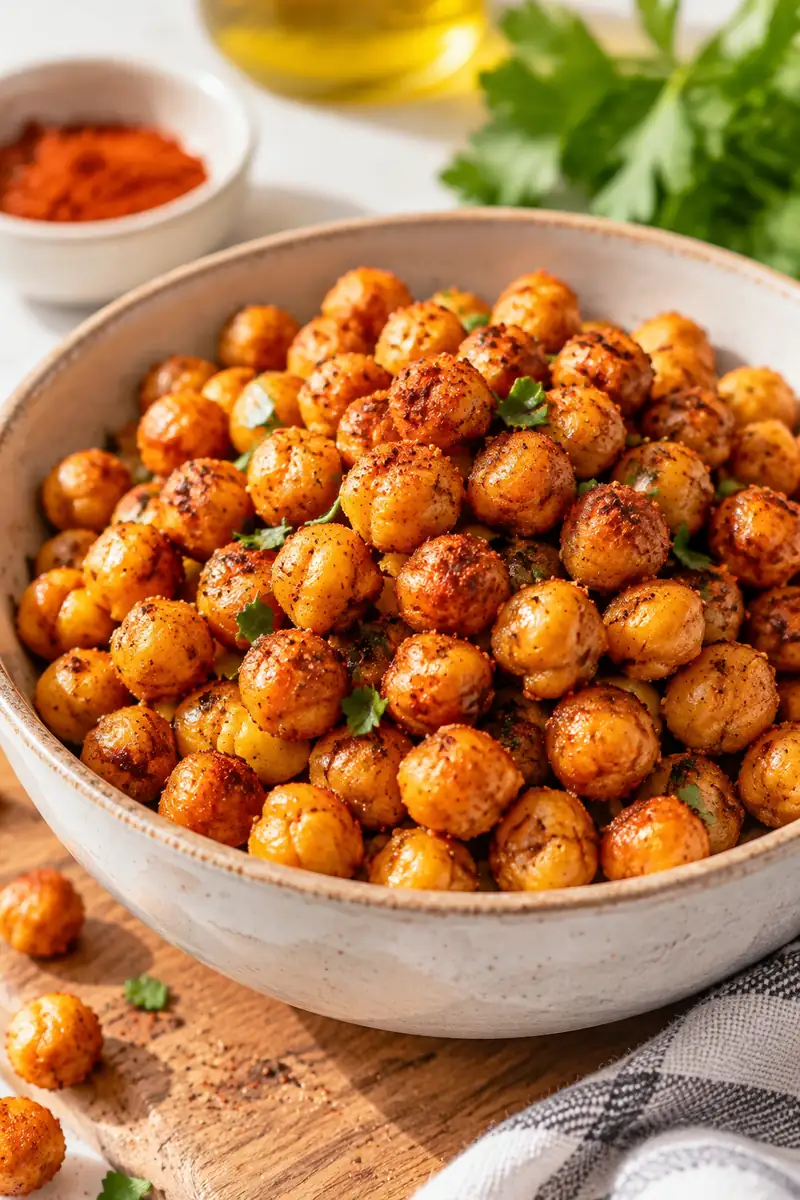 Bowl of golden roasted chickpeas seasoned with smoked paprika
