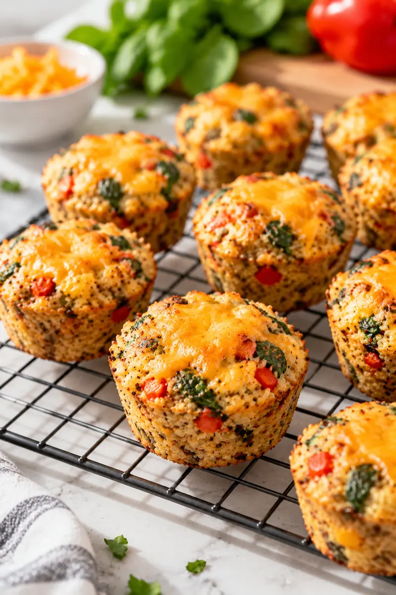 Mini quinoa muffins with melted cheddar on a cooling rack