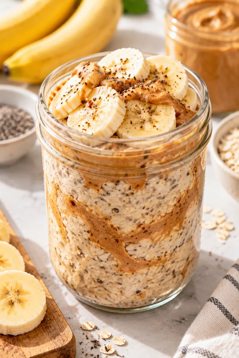 Jar of overnight oats swirled with peanut butter topped with banana slices