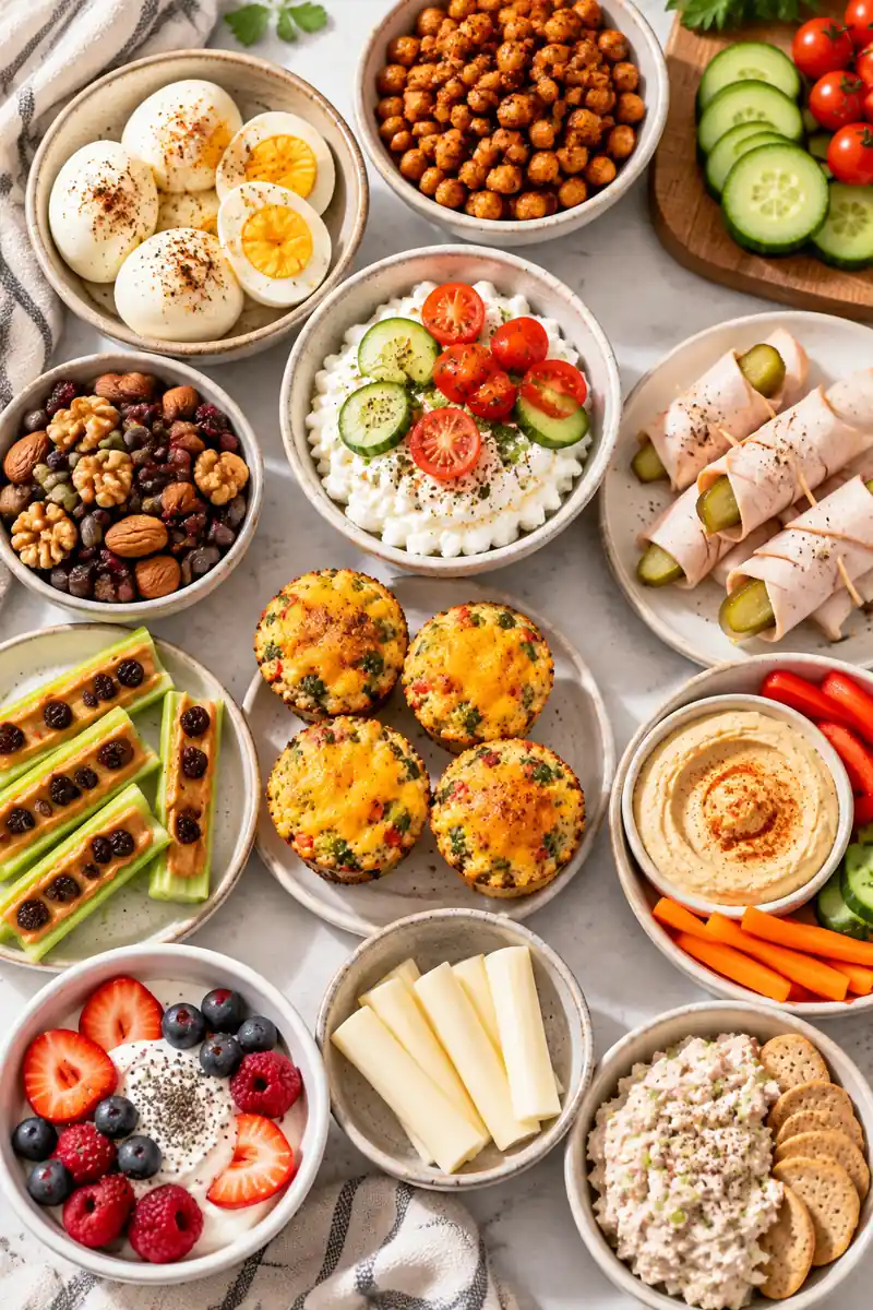 Overhead flat-lay of assorted high-protein snacks on a kitchen counter