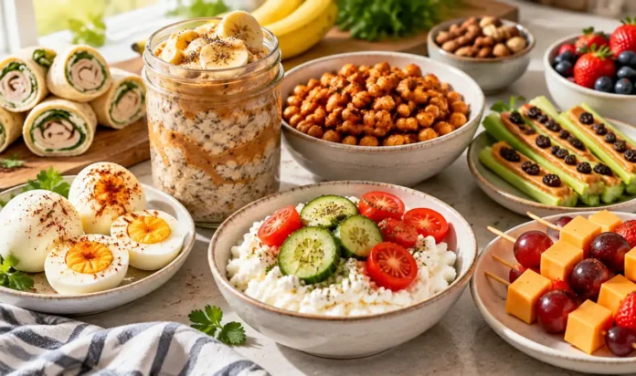 An inviting spread of high-protein afternoon snacks (eggs, cottage cheese bowl, chickpeas, overnight oats) on a kitchen table in bright natural light