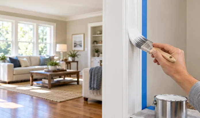 Painting white interior door trim with an angled brush for a smooth, brush-mark-free finish