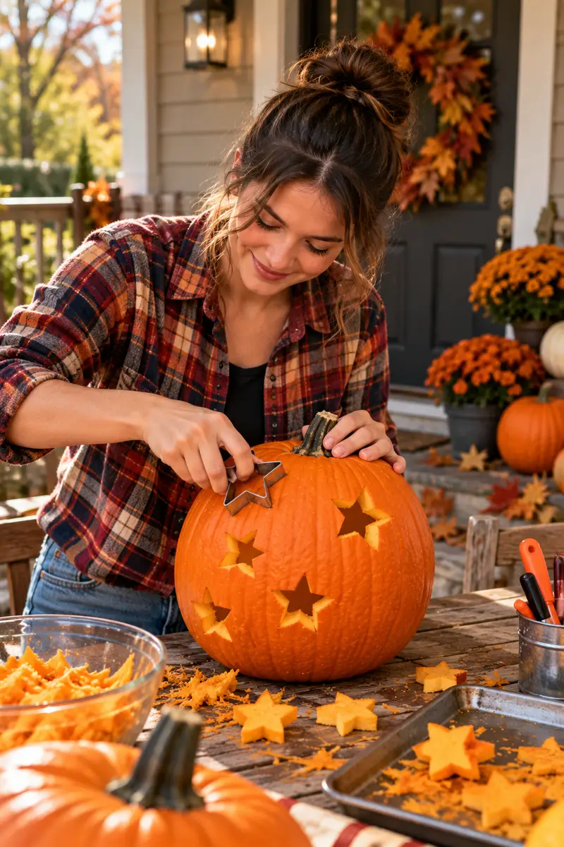 15 Last-Minute Pumpkin-Carving Ideas That Still Look Amazing 3 Woman in a flannel shirt pressing a cookie cutter into a pumpkin for a star