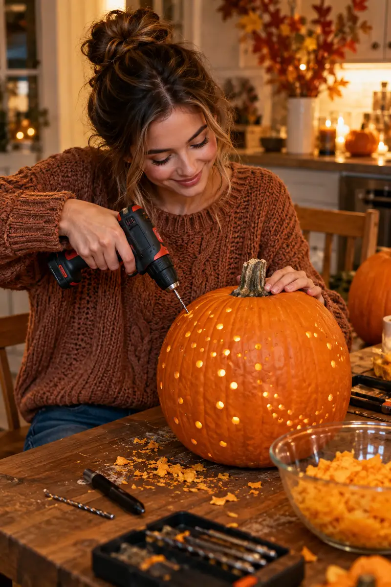 15 Last-Minute Pumpkin-Carving Ideas That Still Look Amazing 2 Girl in a knit sweater drilling dot holes into a pumpkin on a kitchen table