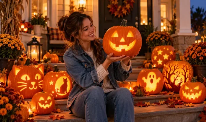 Last-Minute Pumpkin-Carving Ideas Featured Image Woman holding up a freshly carved glowing jack-o-lantern on a porch at dusk