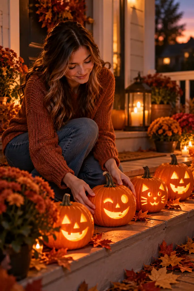 15 Last-Minute Pumpkin-Carving Ideas That Still Look Amazing 8 Girl in a warm sweater arranging glowing mini pumpkins on a porch