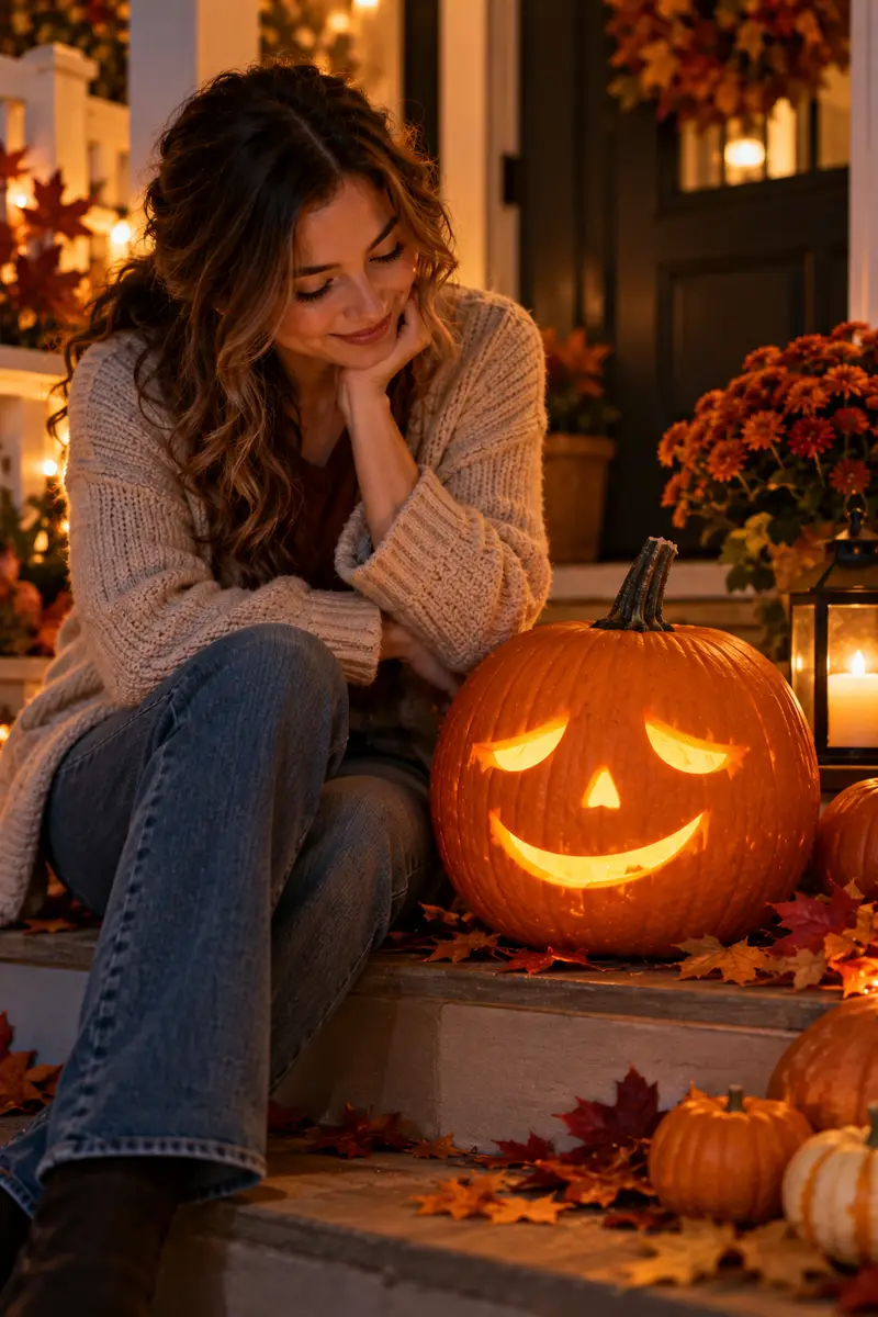 15 Last-Minute Pumpkin-Carving Ideas That Still Look Amazing 5 Woman in a cardigan admiring a glowing sleepy-eyed pumpkin on porch steps