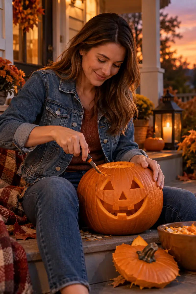 15 Last-Minute Pumpkin-Carving Ideas That Still Look Amazing 1 Woman in a denim jacket carving a smiling pumpkin face with a small saw at dusk