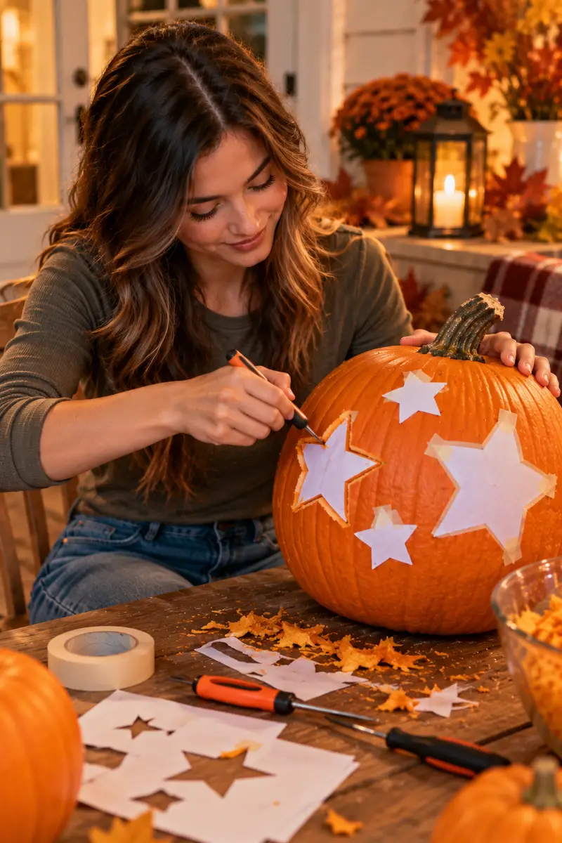 15 Last-Minute Pumpkin-Carving Ideas That Still Look Amazing 4 Girl in a long-sleeve tee carving taped star stencils on a pumpkin