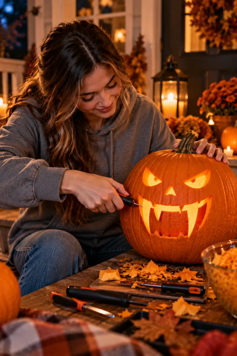 15 Last-Minute Pumpkin-Carving Ideas That Still Look Amazing 6 Girl in jeans and a hoodie carving vampire fangs into a pumpkin