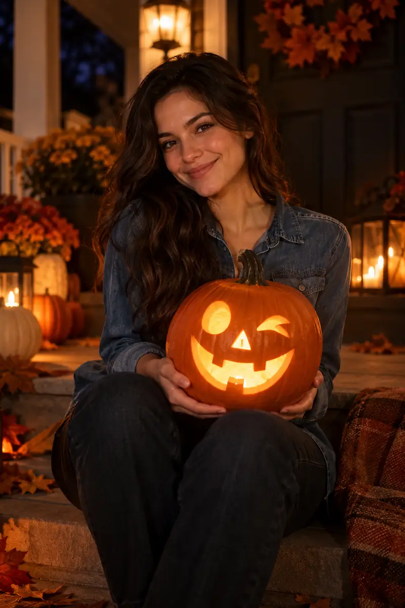 15 Last-Minute Pumpkin-Carving Ideas That Still Look Amazing 7 Woman in a denim shirt holding a glowing winking pumpkin at night