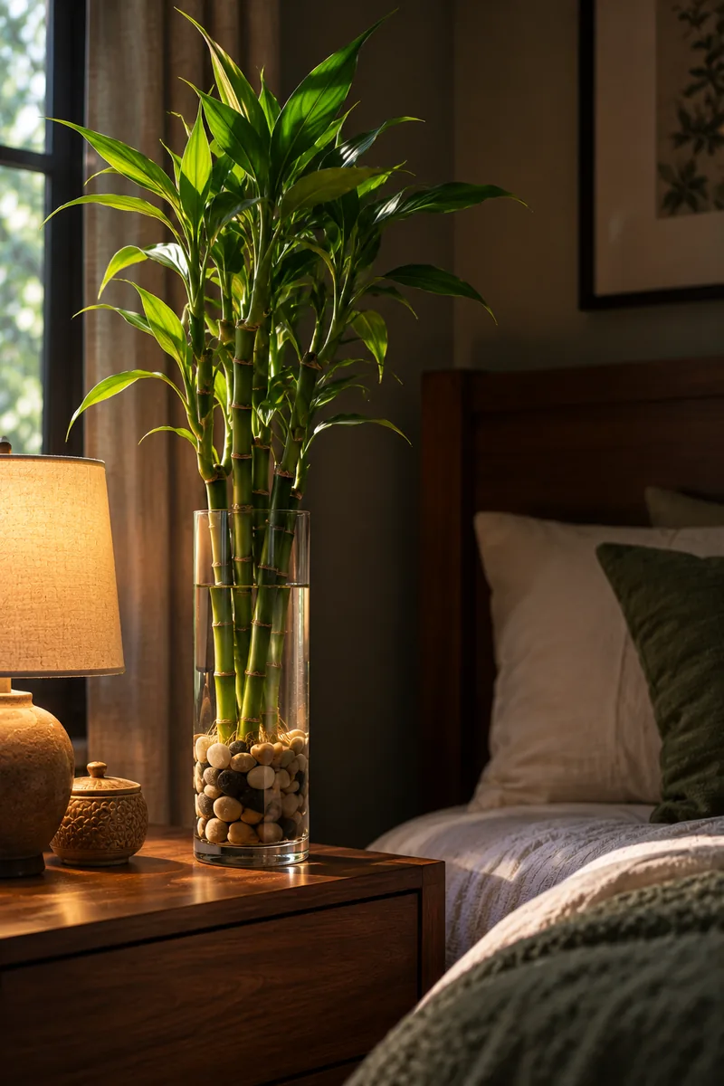 Lucky bamboo stalks growing in a tall clear glass vase with pebbles and water on a bedroom nightstand, in dim soft morning light.