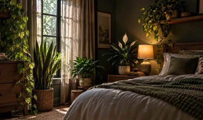A moody low-light bedroom with lush green plants, including a snake plant, pothos trailing from a shelf, and a peace lily on the nightstand, with dim window light through sheer curtains.