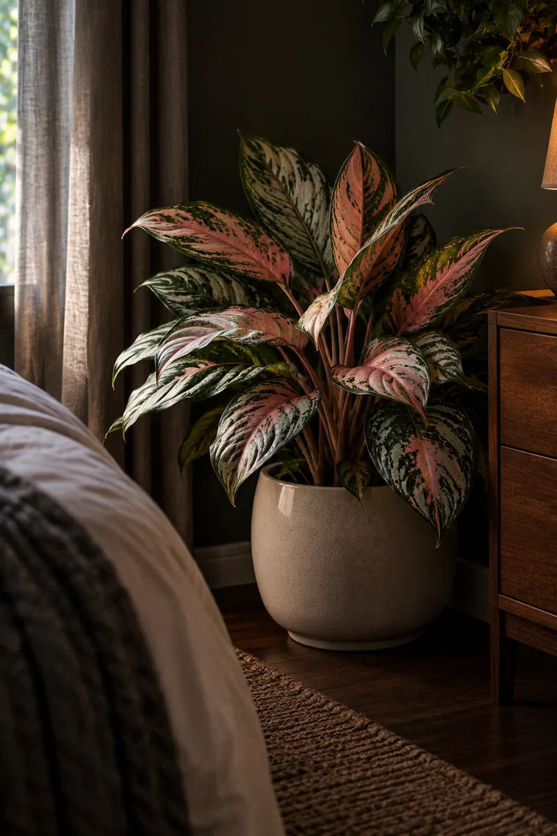 A Chinese evergreen with silver and pink variegated leaves in a modern pot, placed in a dark bedroom corner with soft low light on the foliage.