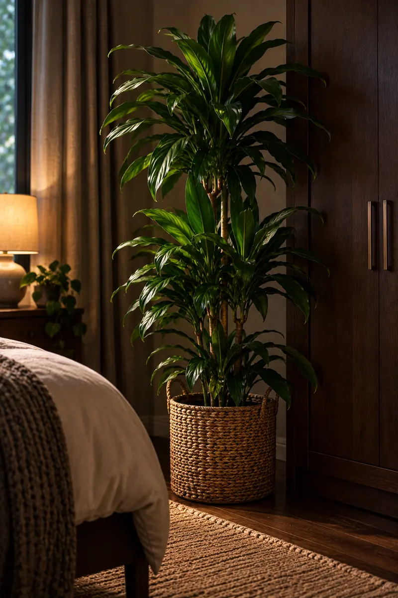 A tall dracaena Janet Craig with broad dark green leaves on upright stems in a woven basket, placed beside a bedroom wardrobe in low light.