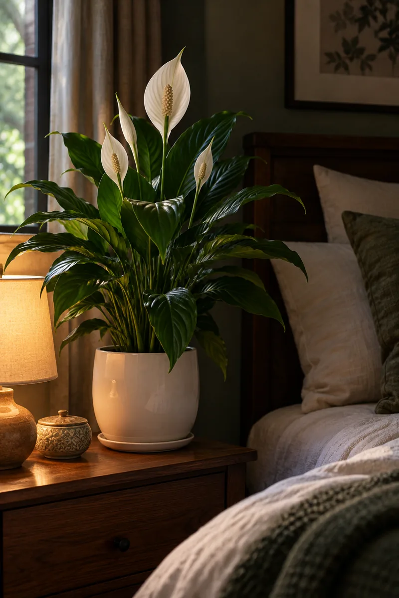 A peace lily with white sail-shaped blooms and glossy dark green leaves in a white ceramic pot on a bedroom nightstand, in dim soft window light.