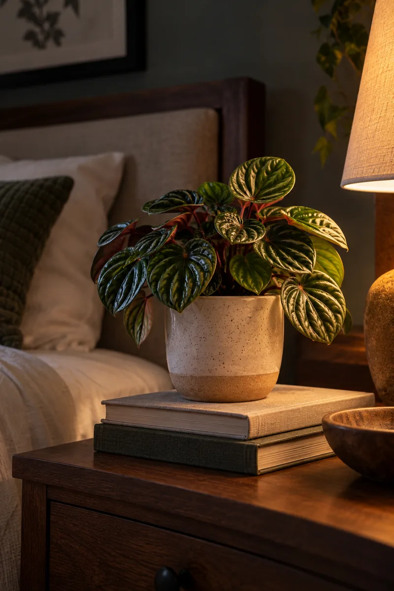 A small peperomia with thick rippled waxy leaves in a four inch ceramic pot, sitting on a stack of books on a bedroom side table in dim cozy light.