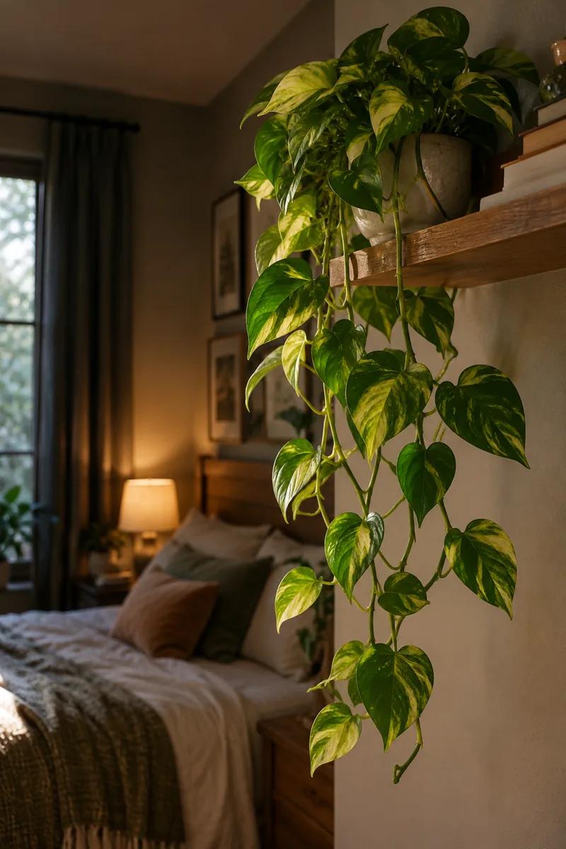 A golden pothos with heart-shaped green and yellow marbled leaves trailing down from a high wooden bedroom shelf, in soft dim window light.
