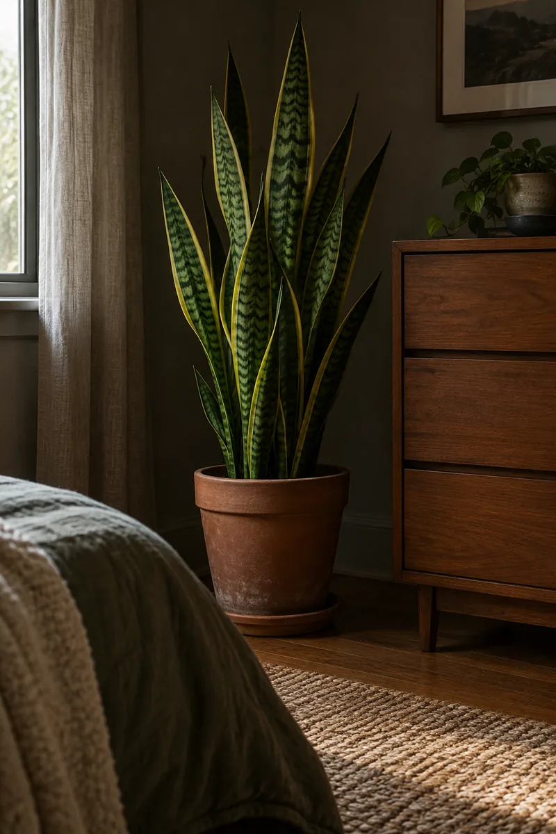 A tall snake plant with upright variegated green and yellow leaves in a simple terracotta pot, placed in a dim bedroom corner beside a wooden dresser.