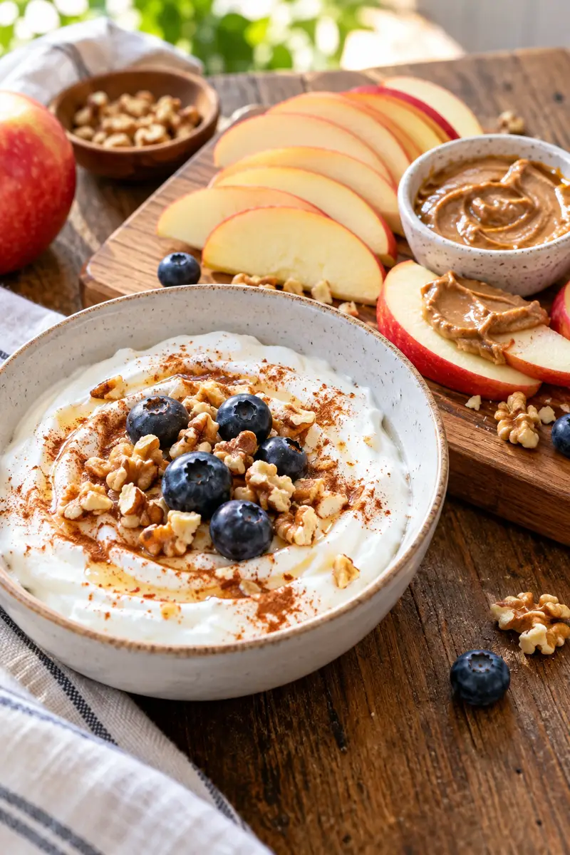 18 Low-Sugar Afternoon Snacks That Still Taste Delicious 1 Greek yogurt with walnuts blueberries and apple slices with almond butter