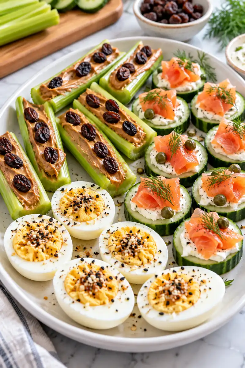 18 Low-Sugar Afternoon Snacks That Still Taste Delicious 2 Savory low-sugar snack platter with celery cucumber and eggs