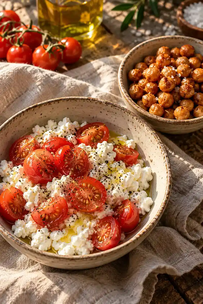 18 Low-Sugar Afternoon Snacks That Still Taste Delicious 3 Cottage cheese with tomatoes and roasted chickpeas