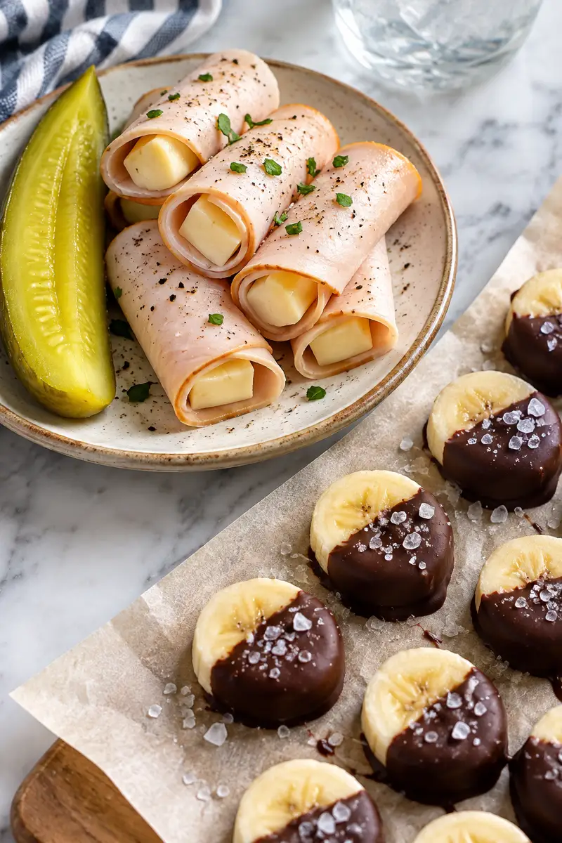 18 Low-Sugar Afternoon Snacks That Still Taste Delicious 4 Turkey cheese roll-ups and dark chocolate banana bites
