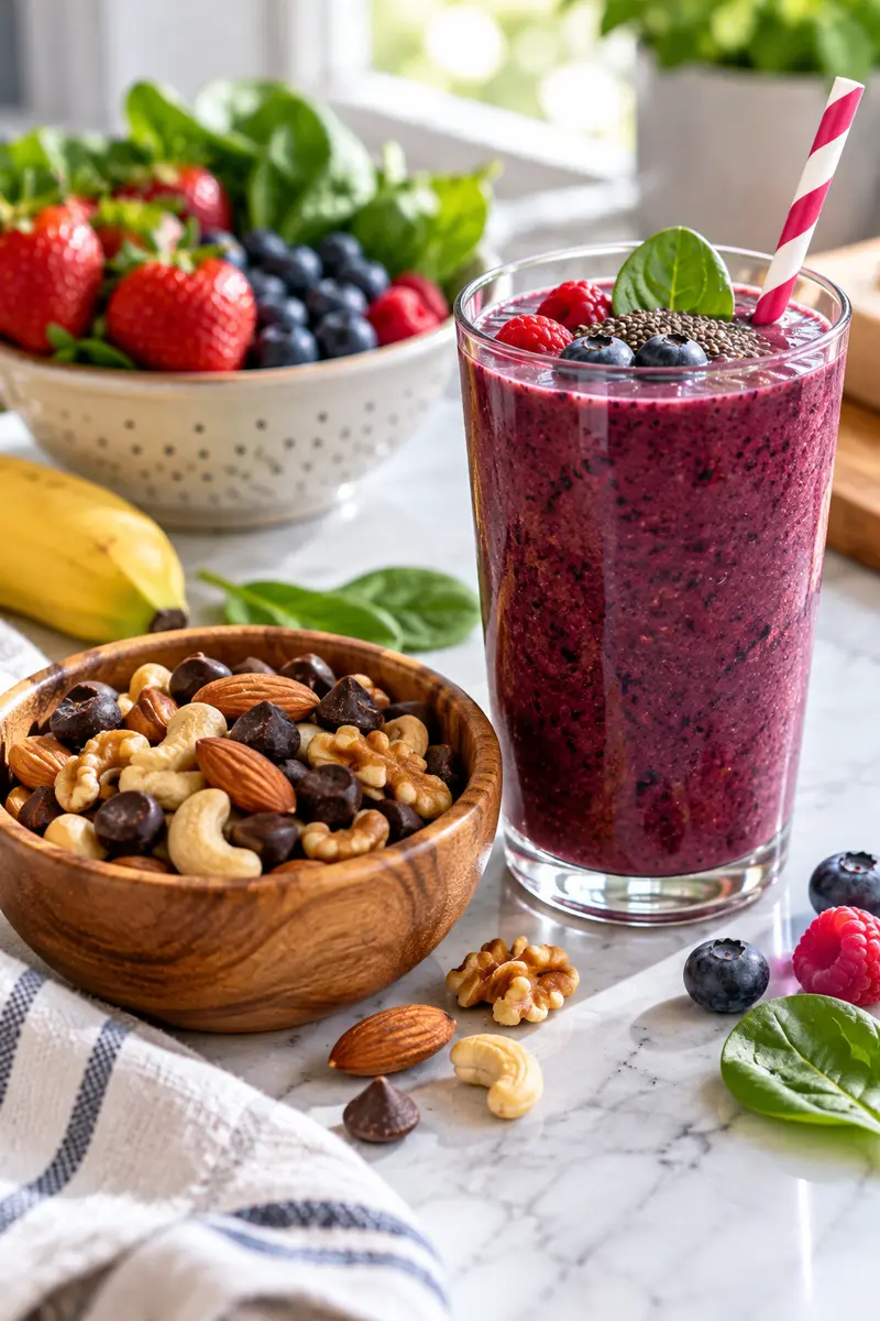 18 Low-Sugar Afternoon Snacks That Still Taste Delicious 6 Mixed nuts and a berry spinach smoothie
