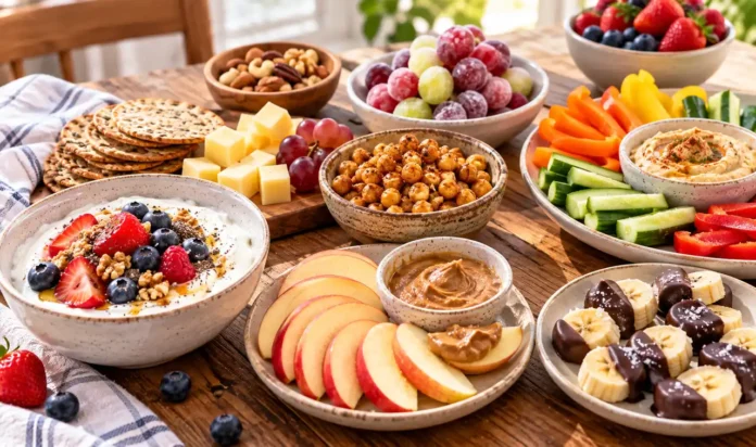 Low-Sugar Afternoon Snack Spread On A Wooden Table Low-sugar afternoon snack spread on a wooden table