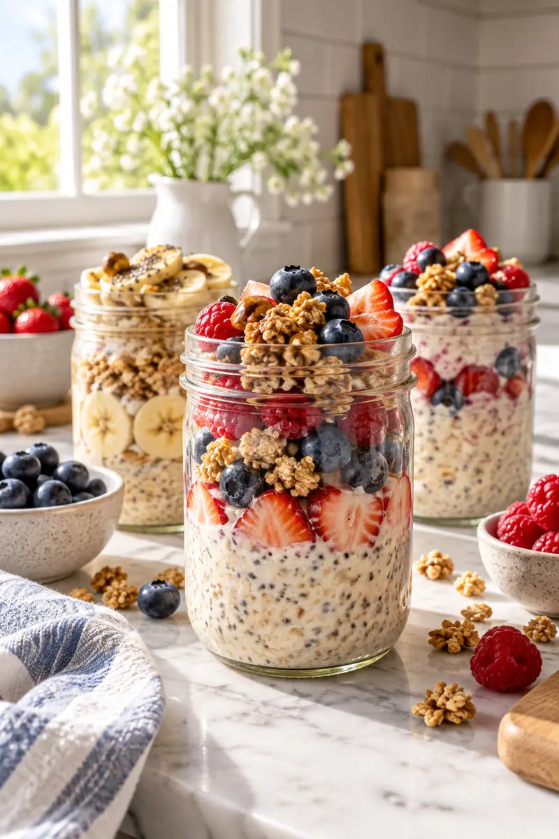 Make-ahead overnight oats in mason jars with berries and granola
