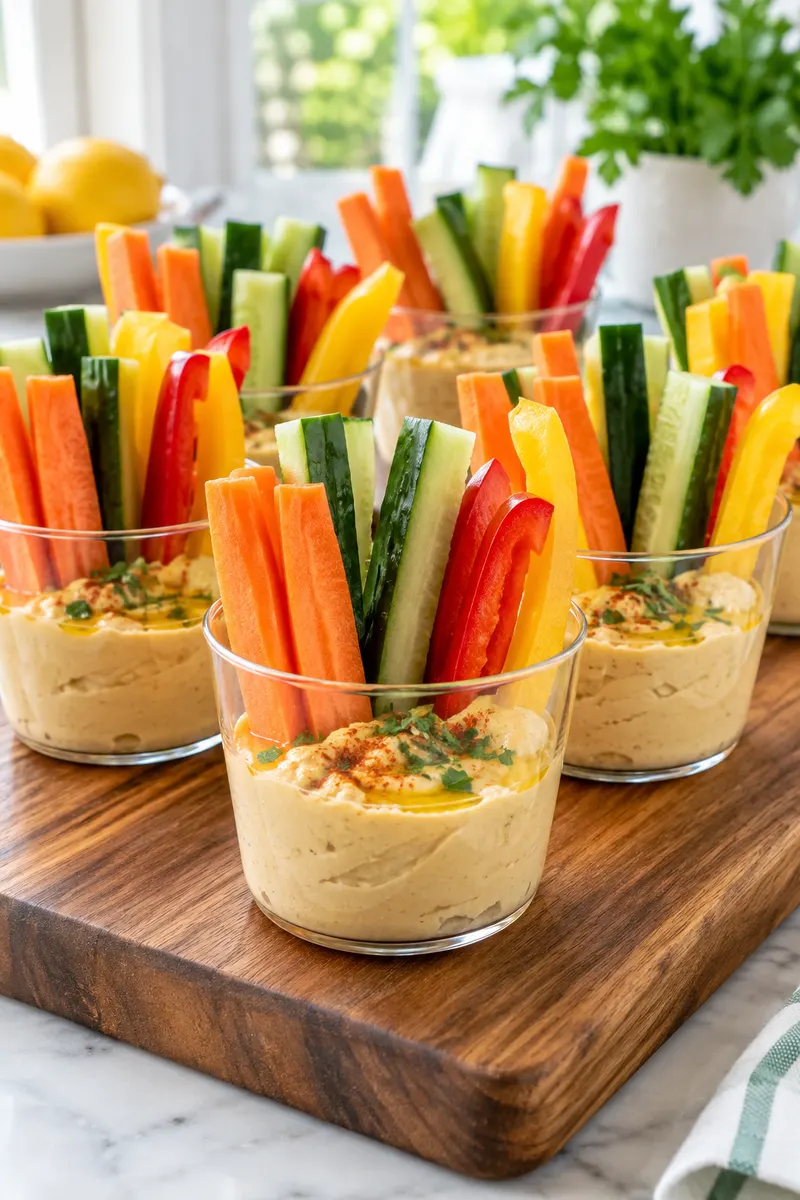 Hummus cups with carrot cucumber and bell pepper sticks