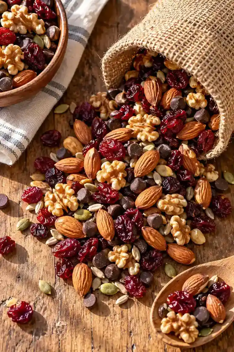 Homemade trail mix with almonds walnuts cranberries and chocolate