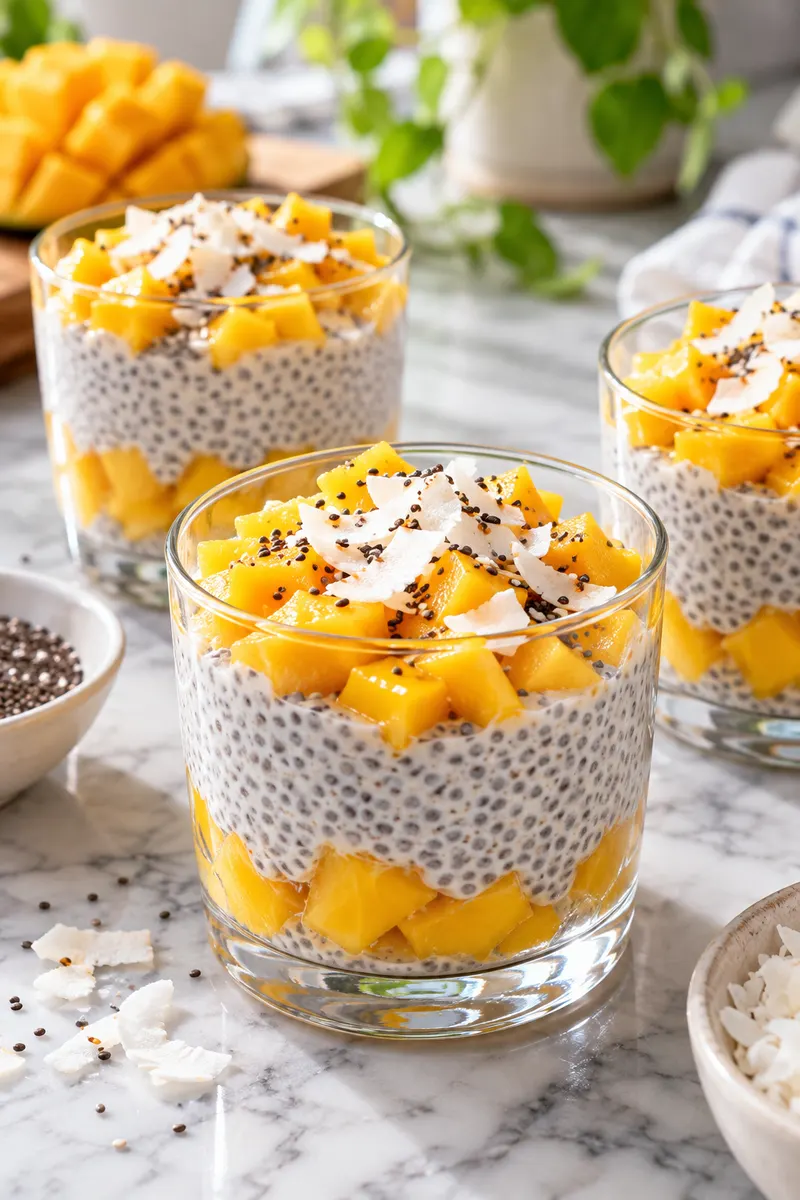 Chia pudding cups topped with mango and coconut flakes